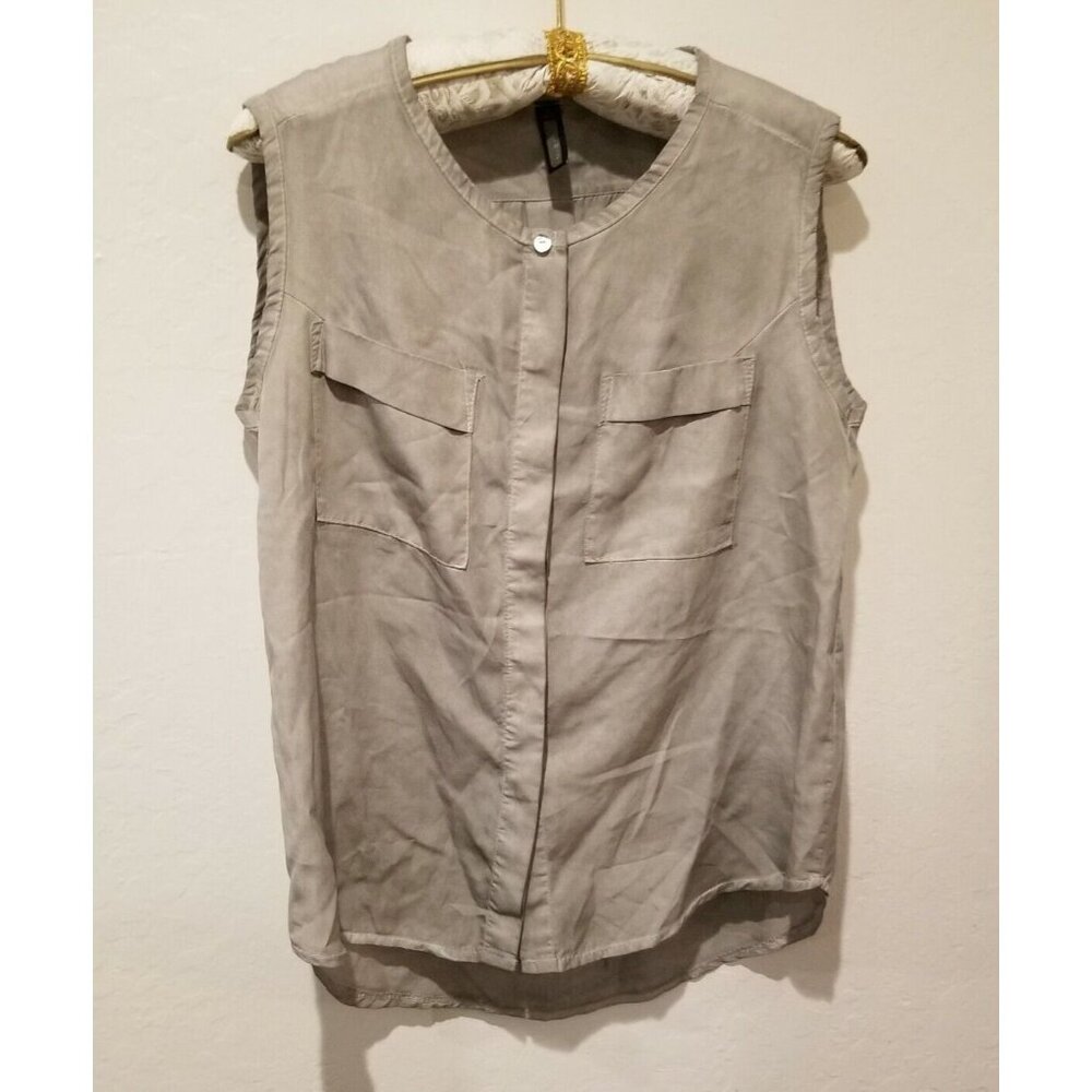 ONZ Women Gray Hidden Button Down Blouse Top Large Sleeveless Lightweight Pocket